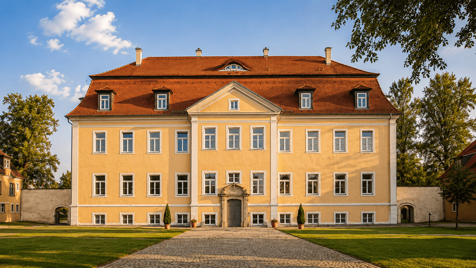 Frontansicht eines hellen historischen Gebäudes mit rotem Dach.