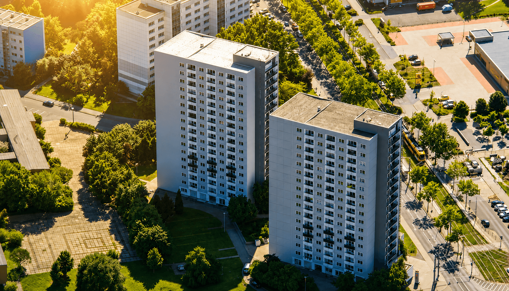 Luftaufnahme mehrerer Wohnhochhäuser in einer begrünten Stadtlandschaft.