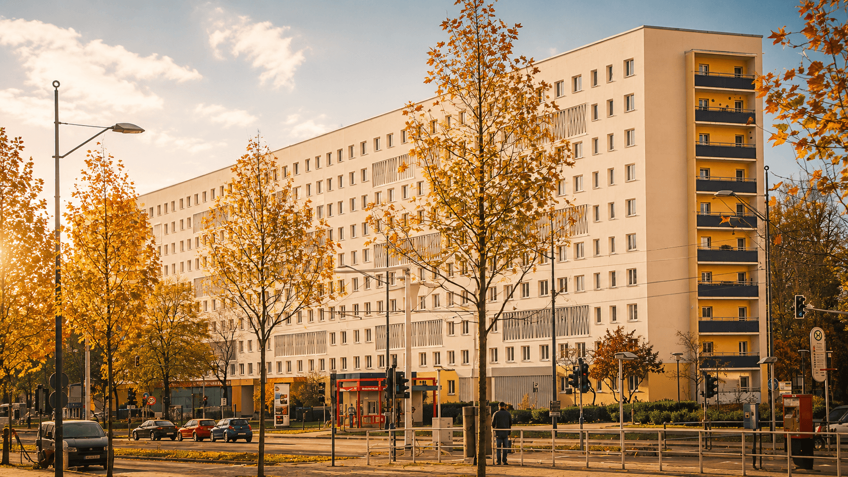 Langgestrecktes Wohngebäude an einer Straße im herbstlichen Abendlicht.